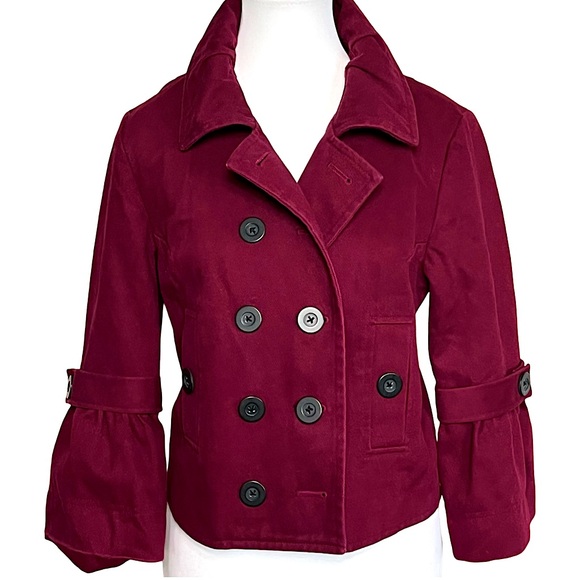 MIX IT Cropped Cotton Double Breasted Jacket Burgundy Size M Women’s EUC - Picture 1 of 9